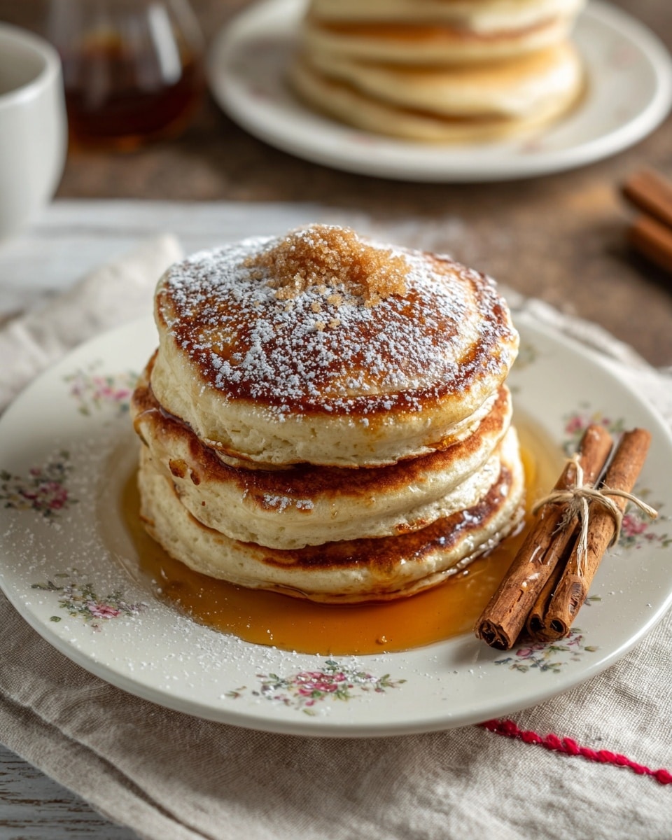 A stack of four thick, fluffy pancakes is centered on a white plate. The pancakes are golden brown on the top and light beige on the sides, showing a soft, airy texture. Maple syrup glistens as it pours down the sides, pooling on the white plate underneath. A small pile of brown sugar sits on top of the stack, dusted lightly with powdered sugar. To the right on the plate, three cinnamon sticks are bundled together with a thin string. The scene is set on a white marbled surface with a beige cloth under the plate, adding a cozy touch. In the blurred background, there is another white plate with more pancakes and kitchen containers. Photo taken with an iphone --ar 4:5 --v 7