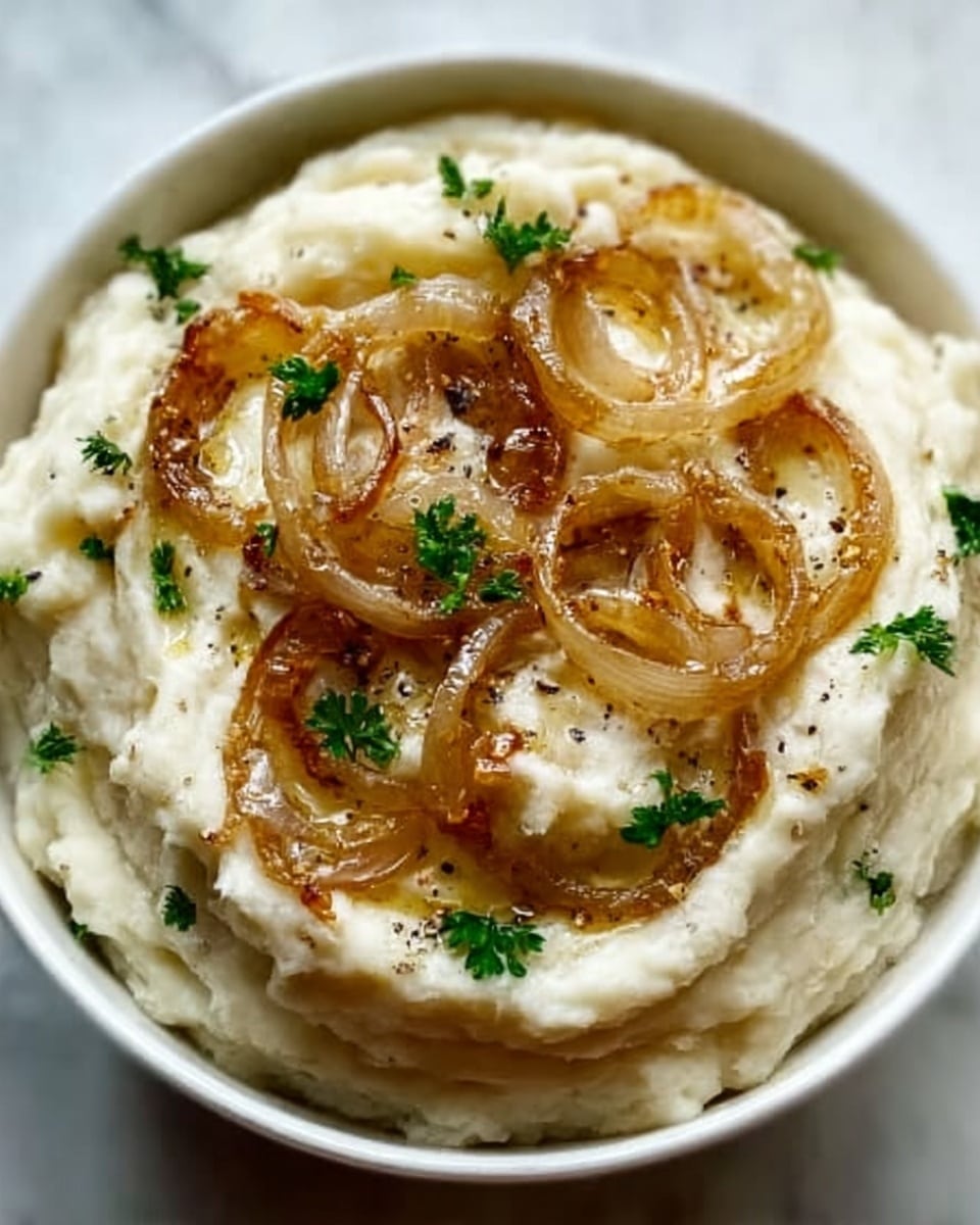 A close-up of a creamy dip in a white bowl, with soft swirls of smooth, off-white mixture forming the base layer. On top, thinly sliced golden-brown caramelized onions are arranged in a loose spiral, adding texture and slight shine from the oil. Small green parsley leaves are placed sparingly for color contrast. Some specks of black pepper are scattered on the surface for detail. The bowl sits on a white marbled texture, enhancing the clean and fresh look. Photo taken with an iphone --ar 4:5 --v 7