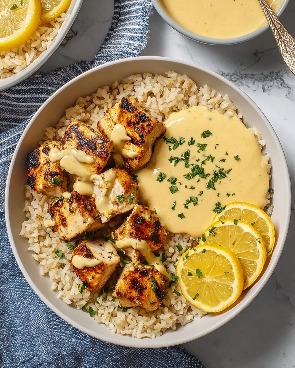 The dish is served in a white bowl filled with fluffy, light beige cauliflower rice as the base layer. On one side, there are several pieces of grilled chicken with dark char marks, their golden-brown surface glistening with a creamy, pale yellow sauce drizzled over them and sprinkled with small green herb bits. Next to the chicken, the creamy sauce covers part of the rice, topped with more chopped herbs. On the side, thin slices of fresh lemon with bright yellow skin and translucent inner flesh are arranged neatly. The bowl sits on a white marbled surface beside a striped blue and white cloth, with a small white bowl of the same creamy sauce nearby. photo taken with an iphone --ar 4:5 --v 7