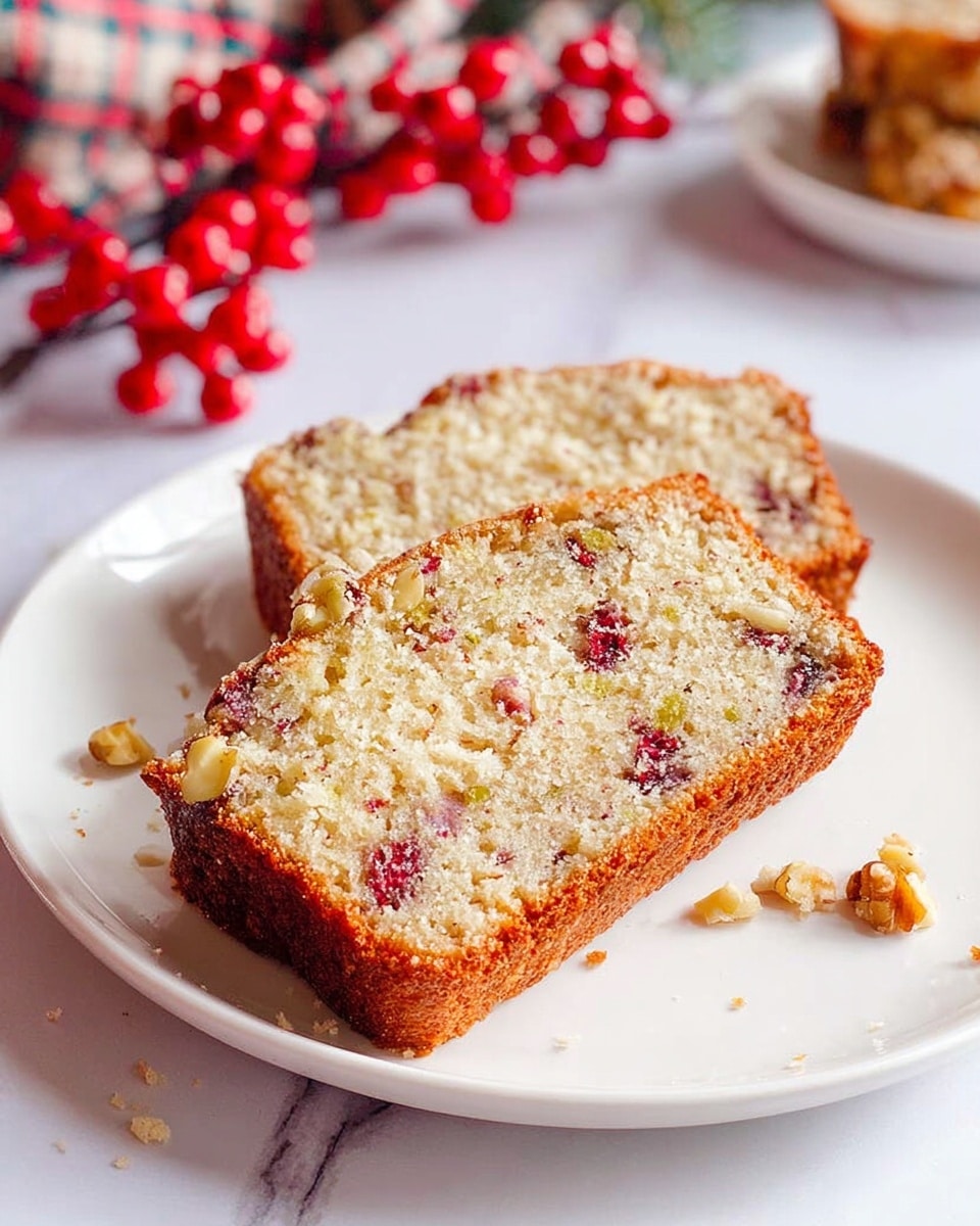 Two slices of light brown cake with a slightly rough texture are placed side by side on a white plate, each slice showing small bits of nuts and red berries inside. The crust is a golden brown and looks slightly crisp, while the cake inside is soft with dispersed small crunchy pieces. A few crumbs are scattered on the plate and the white marbled surface below. In the background, out of focus bright red berries and a green and red cloth hint a festive setting. Photo taken with an iphone --ar 4:5 --v 7