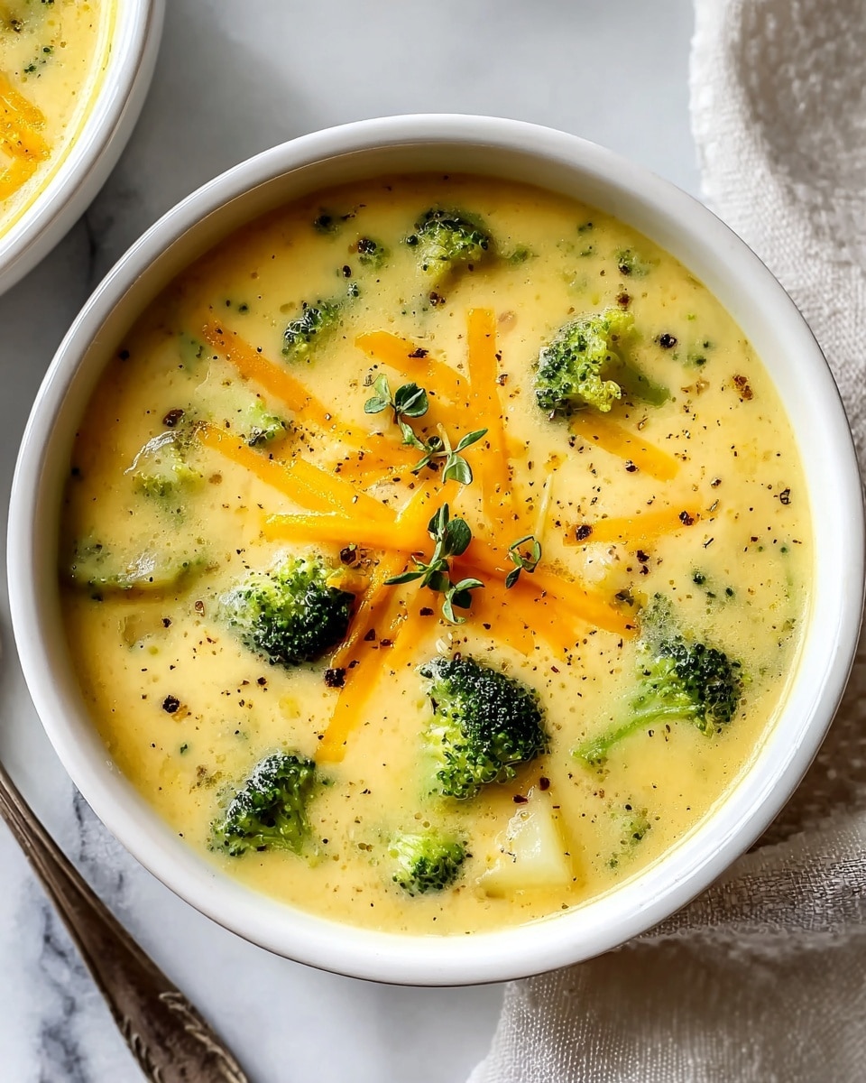 A white speckled round bowl filled with creamy soup that has a thick yellow base, mixed with chunks of light yellow potatoes and bright green broccoli florets floating inside. On top there are scattered small pieces of shredded orange cheddar cheese and sprigs of fresh green herbs, along with a light sprinkle of black pepper. The bowl is placed on a white marbled surface with a neatly folded white cloth nearby. Photo taken with an iphone --ar 4:5 --v 7