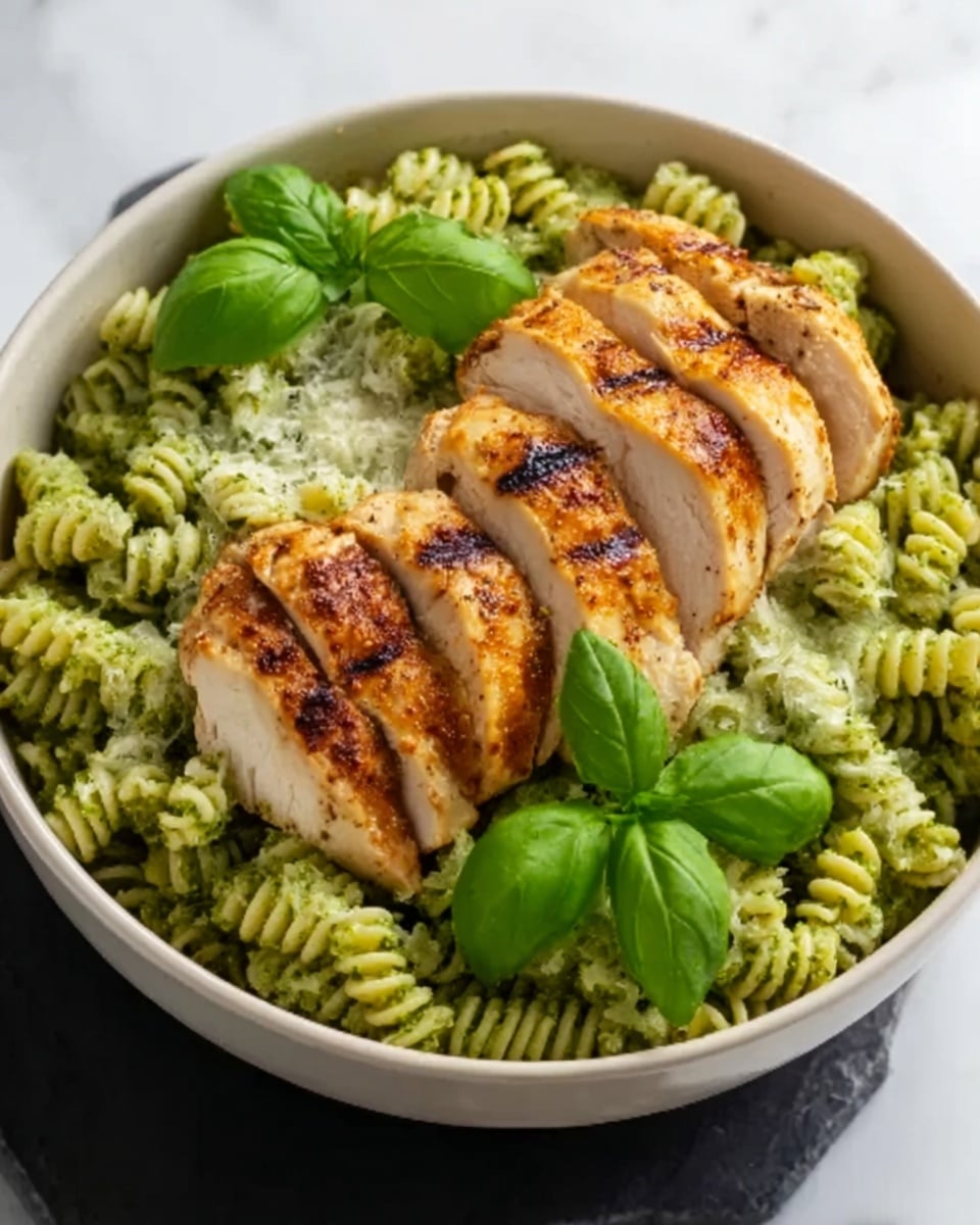 The image shows a white bowl filled with green pesto fusilli pasta as the base layer, with a creamy texture and small bits of herbs visible. On top of the pasta, there are evenly sliced pieces of golden-brown grilled chicken breast, arranged in a neat row, with visible grill marks and a slightly crispy exterior. A few fresh basil leaves are placed around the chicken for decoration. The bowl is set on a white marbled surface. photo taken with an iphone --ar 4:5 --v 7