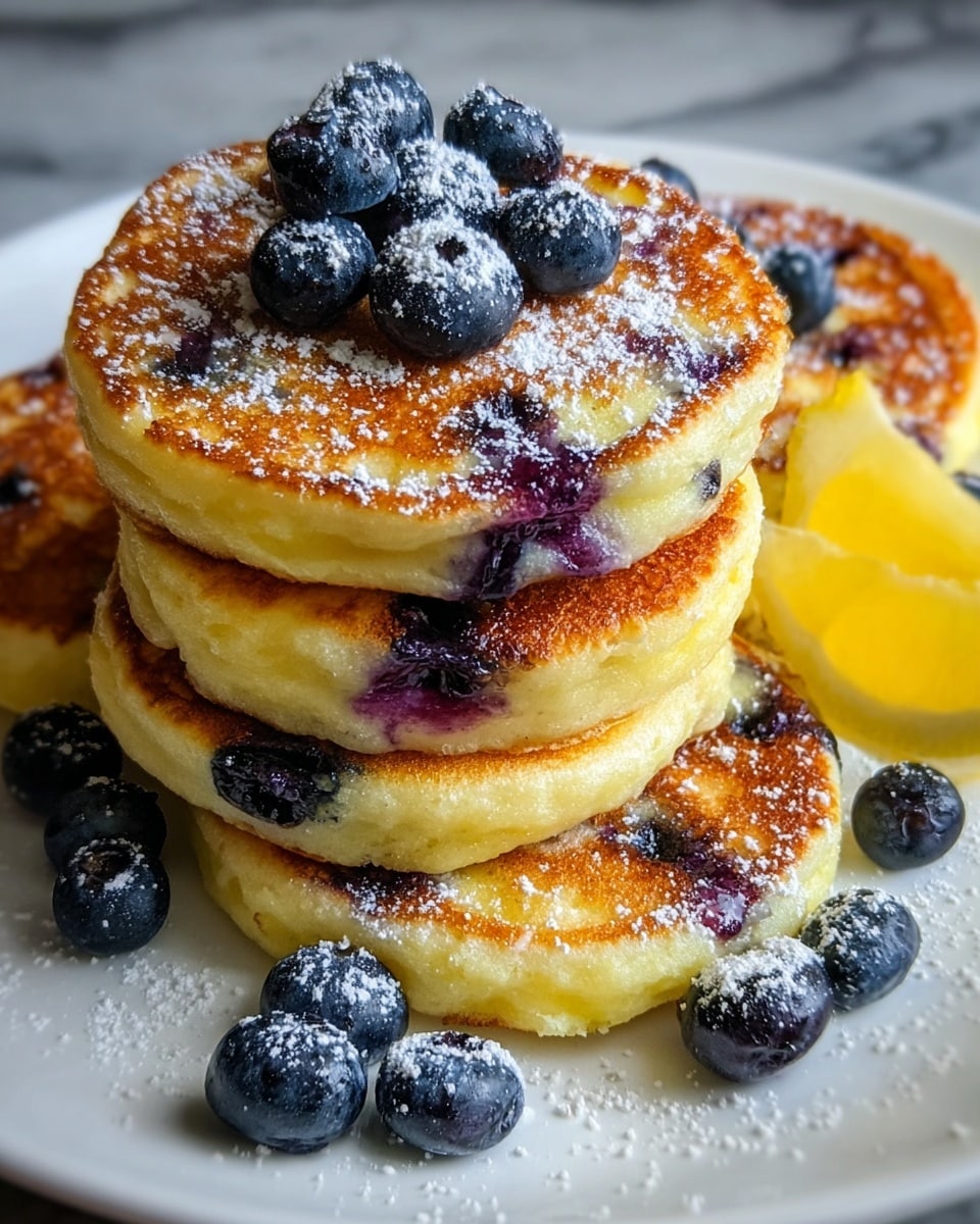 A stack of seven thick, round blueberry pancakes with a golden-brown crispy surface sits on a white plate. Each pancake has visible blueberries inside, bursting with dark purple juice, and some fresh blueberries are scattered on top and around the stack. A light dusting of powdered sugar covers the pancakes and blueberries, adding a soft white texture. A bright yellow lemon wedge is placed at the back edge of the plate, creating a pop of color against the white marbled surface beneath. photo taken with an iphone --ar 4:5 --v 7