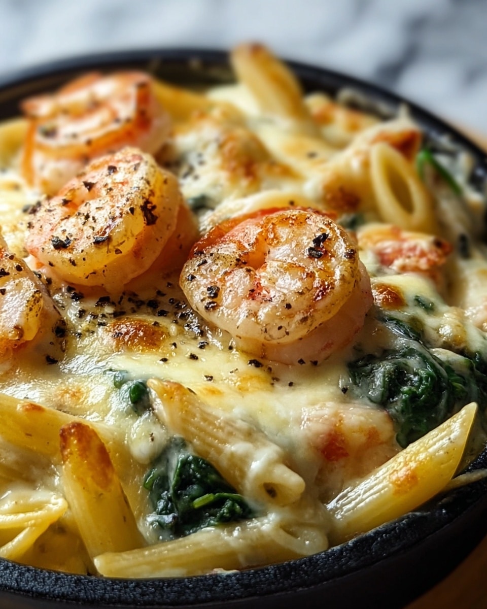 A close-up view of a creamy shrimp pasta dish served in a white bowl, showing several layers. The bottom layer is pale yellow cooked penne pasta, slightly visible under melted, bubbly cheese that is golden brown in some spots, covering a creamy white sauce. Scattered on top are plump, pink shrimp with tiny black seasoning bits and a slightly charred look, adding texture. Small green spinach leaves peek through the cheese and sauce, adding a splash of color. The dish has a rich, creamy texture with a mix of smooth melted cheese and firm shrimp. photo taken with an iphone --ar 4:5 --v 7