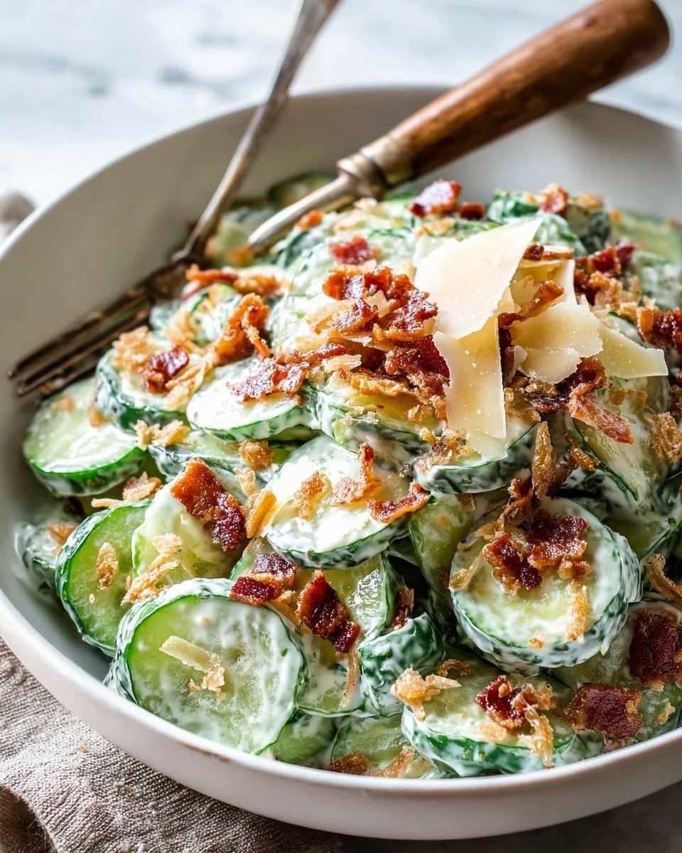 A large white bowl contains a creamy cucumber salad made of thick, round green cucumber slices coated in a white dressing. On top, there are thin, uneven slices of pale yellow cheese and small, crispy brown bacon pieces scattered throughout. A crumbly light brown topping, likely breadcrumbs or nuts, is sprinkled over the dish, adding texture. A fork with a wooden handle rests inside the bowl on the left side, partly buried in the salad. The bowl sits on a soft beige cloth over a white marbled surface. photo taken with an iphone --ar 4:5 --v 7