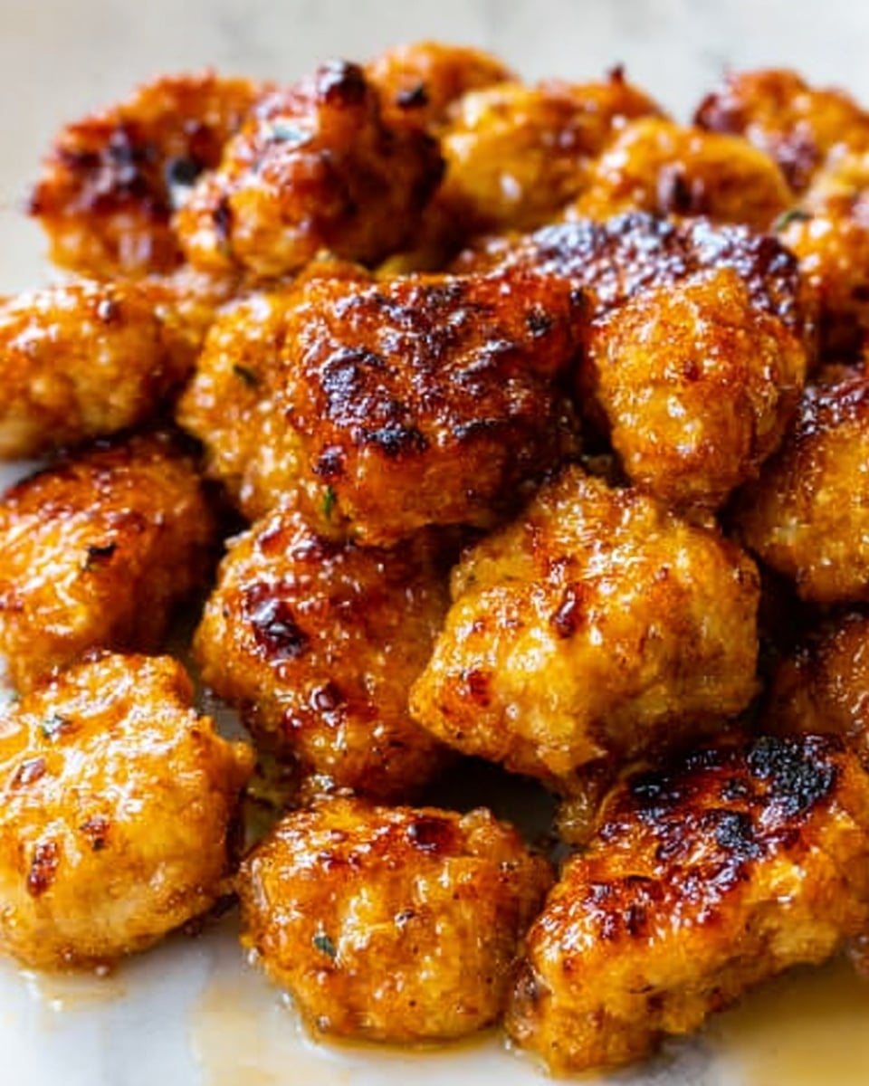 A close-up view of many small, browned, and well-cooked meat pieces, showing a mix of crispy and tender textures. Each piece has a golden-brown color with some darker charred edges, glistening slightly with a light glaze of sauce. The chunks are irregularly shaped, piled together closely, filling the frame fully. The background is a white marbled texture, enhancing the warm colors of the meat. photo taken with an iphone --ar 4:5 --v 7