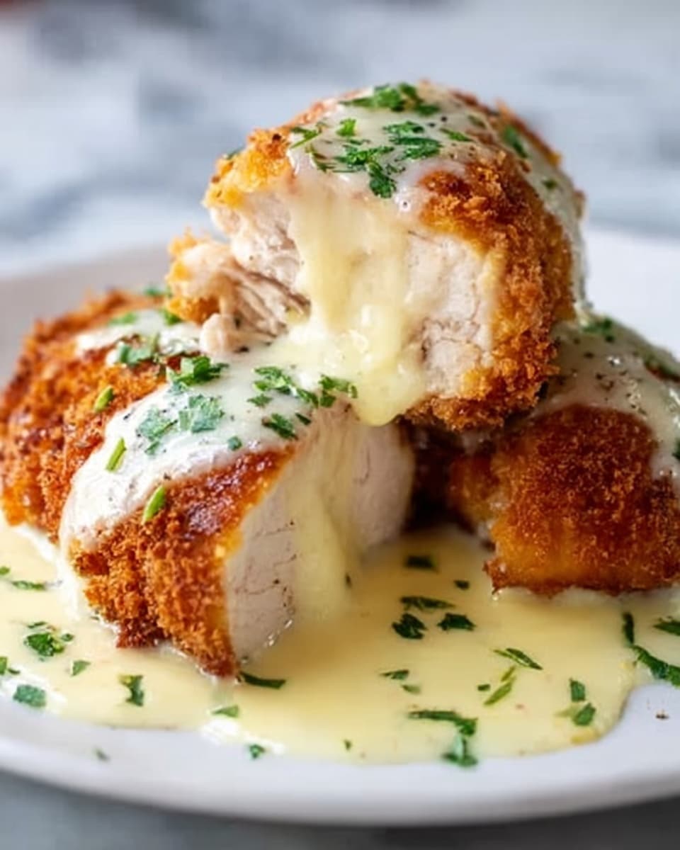 The image shows two golden-brown breaded chicken rolls cut open to reveal melted light yellow cheese inside. The chicken exterior is crispy and textured, with some green herb bits sprinkled on top and around the plate. A creamy white sauce with small green herb pieces is poured over and around the chicken rolls. The dish is served on a white plate placed on a white marbled surface. Photo taken with an iphone --ar 4:5 --v 7