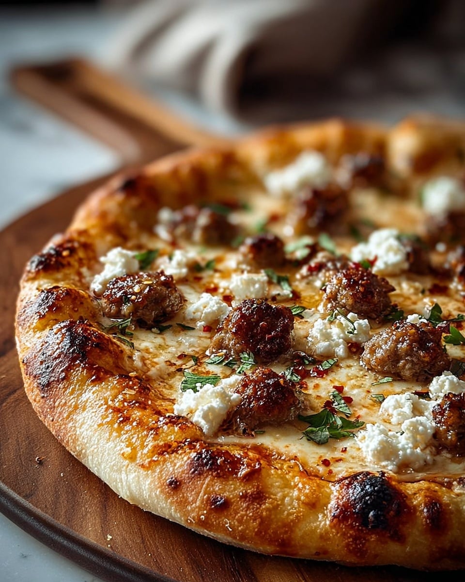 A close-up of a pizza on a wooden board showing three main layers: a thick crust edge that is golden brown with some dark charred spots, a base layer of light creamy white cheese covering the surface, and an uneven layer of small brown sausage meatballs scattered across the top. There are also dollops of crumbly white cheese and small green herb leaves spread between the meatballs. The background shows a blurred woman's hand reaching toward the pizza on a white marbled texture. photo taken with an iphone --ar 4:5 --v 7