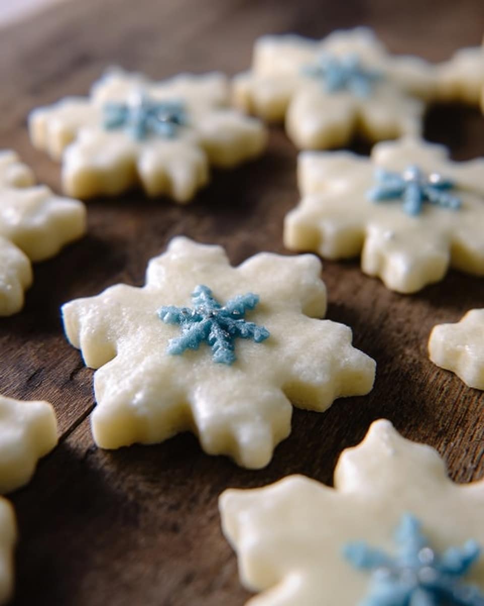 The image shows several snowflake-shaped cookies on a dark wooden board. Each cookie is a single layer of smooth, white dough, with a small pale blue snowflake decoration placed in the center. The cookies have six points and a soft texture with slightly rounded edges. The background is softly blurred, focusing on the details of the cookies in the front, with the sharp center blue snowflake standing out clearly. Photo taken with an iphone --ar 4:5 --v 7