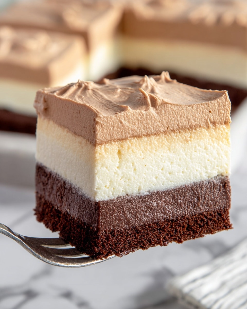 A close-up of a three-layered square cake slice held by a fork, showing a dense and dark brown bottom layer with a slightly crumbly texture, a thick creamy middle layer in pale yellow with a smooth, soft texture, and a top layer of light brown fluffy mousse with gentle peaks on the surface. The cake is set against a white marbled texture, with the rest of the cake visible in the background, matching the layers of the slice. Photo taken with an iphone --ar 4:5 --v 7