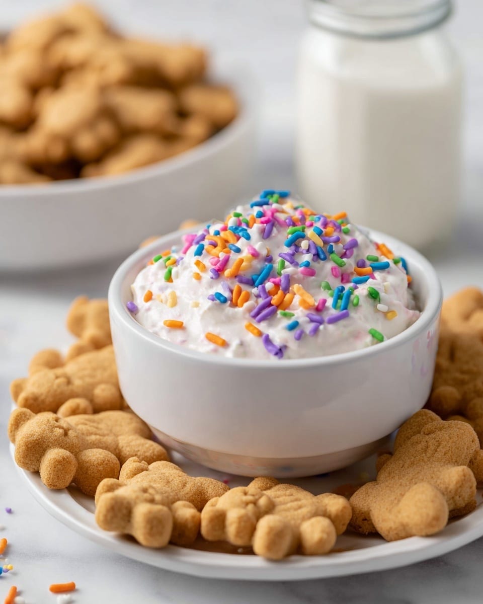 A white plate filled with small light brown bear-shaped cookies surrounds a white bowl at the center. Inside the bowl is a thick white cream topped with colorful sprinkles in blue, pink, orange, yellow, and green. The background is a white marbled surface with a blurred glass of milk and another white plate with more cookies in the distance. The light is soft, highlighting the texture of the cookies and the smoothness of the cream with sprinkles. photo taken with an iphone --ar 4:5 --v 7