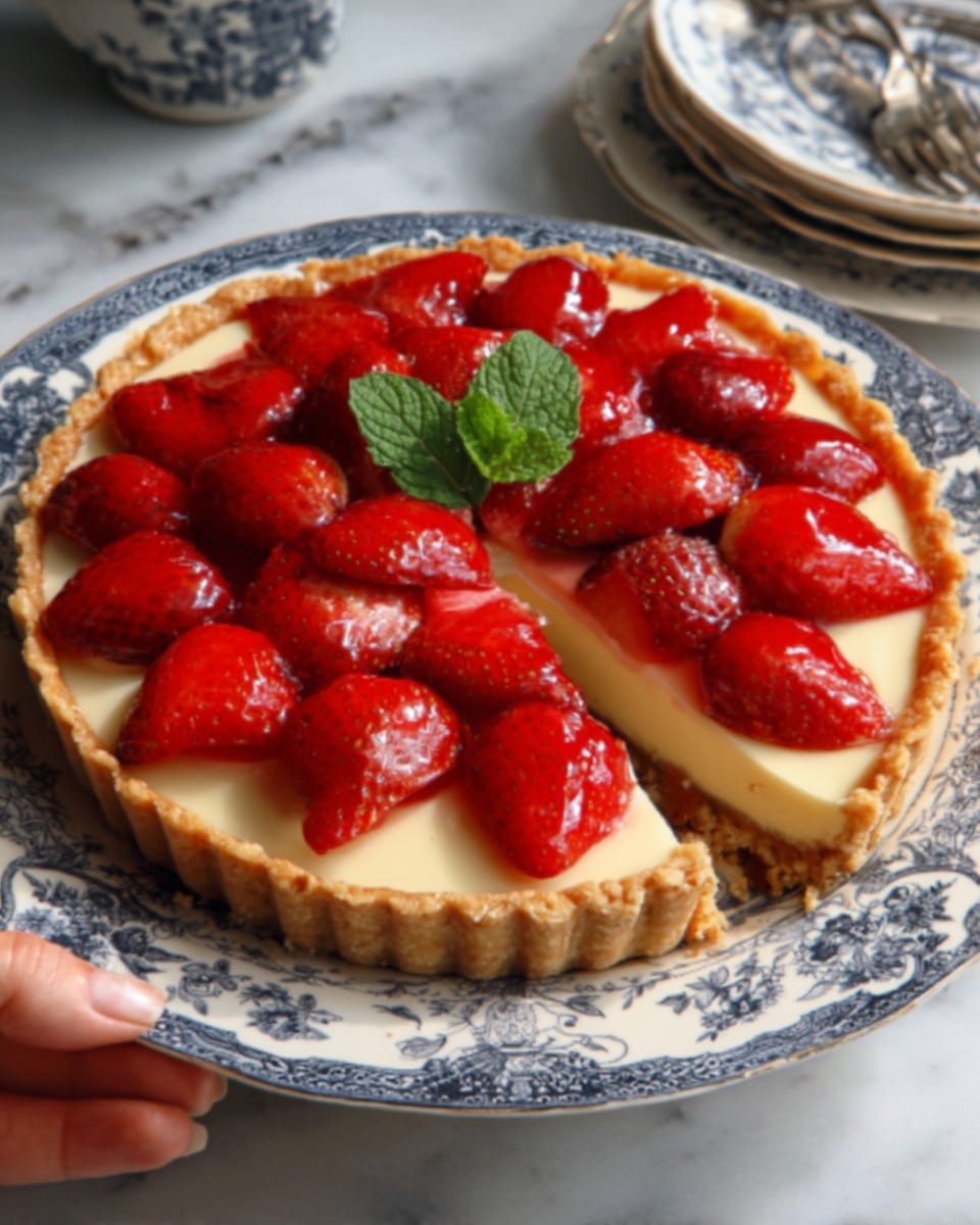 A round tart with a golden brown crust sits on a white plate with blue floral patterns, placed on a white marbled surface. The tart has three visible layers: a textured crust base, a smooth creamy white filling, and a glossy topping of fresh red strawberries sliced and arranged in two circular layers, with whole strawberries and green mint leaves in the center. There is a slice taken from the tart showing the layers clearly. The scene includes a clear glass cup of amber tea and small glass bowls with strawberries, along with a woman's hand holding a fork nearby. Photo taken with an iphone --ar 4:5 --v 7