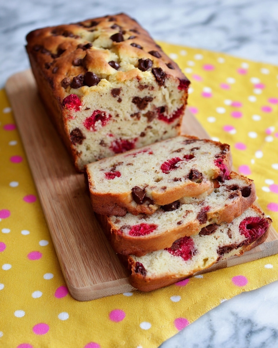 A loaf of bread with a golden-brown crust sits on a wooden board, sliced to show two thick pieces in front. The bread has a light beige interior filled with red raspberry pieces and dark brown chocolate chips scattered throughout in a marbled pattern. The top crust is studded with extra chocolate chips and bits of raspberries. The board rests on a yellow cloth with large white and pink polka dots, over a white marbled surface. photo taken with an iphone --ar 4:5 --v 7