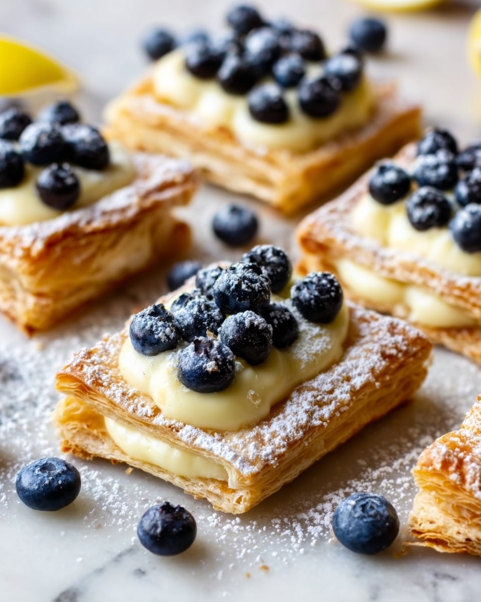 The image shows small square pastries arranged on a white marbled surface, each one made of three layers. The base layer is golden-brown, flaky pastry with a slightly rough texture. On top of the pastry is a smooth, creamy pale-yellow layer spread evenly. The top layer consists of fresh, dark blue blueberries piled in the center, with powdered sugar dusted lightly over the blueberries and pastries. Some blueberries are scattered around the pastries on the surface. The scene is close-up and bright. Photo taken with an iphone --ar 4:5 --v 7