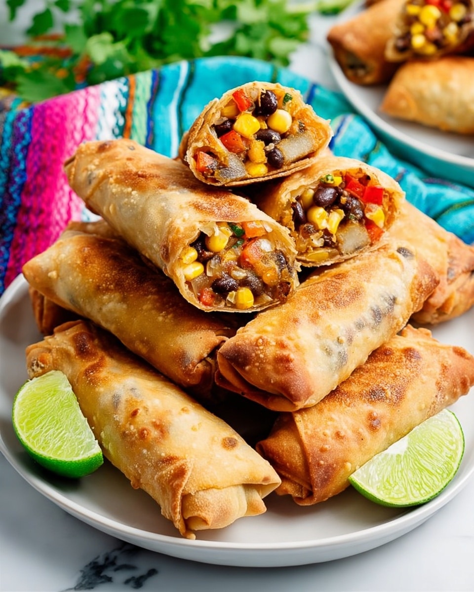 A white plate with many golden-brown fried egg rolls, some whole and some cut in half showing colorful layers inside. The inside has black beans, yellow corn, small red pepper bits, and white cheese pieces, all mixed together. The egg roll wrappers are thin and crispy with a slightly bubbled texture. A green lime wedge sits on the side of the plate, and in the back, there is a colorful cloth with green leaves on a white marbled surface. Photo taken with an iphone --ar 4:5 --v 7