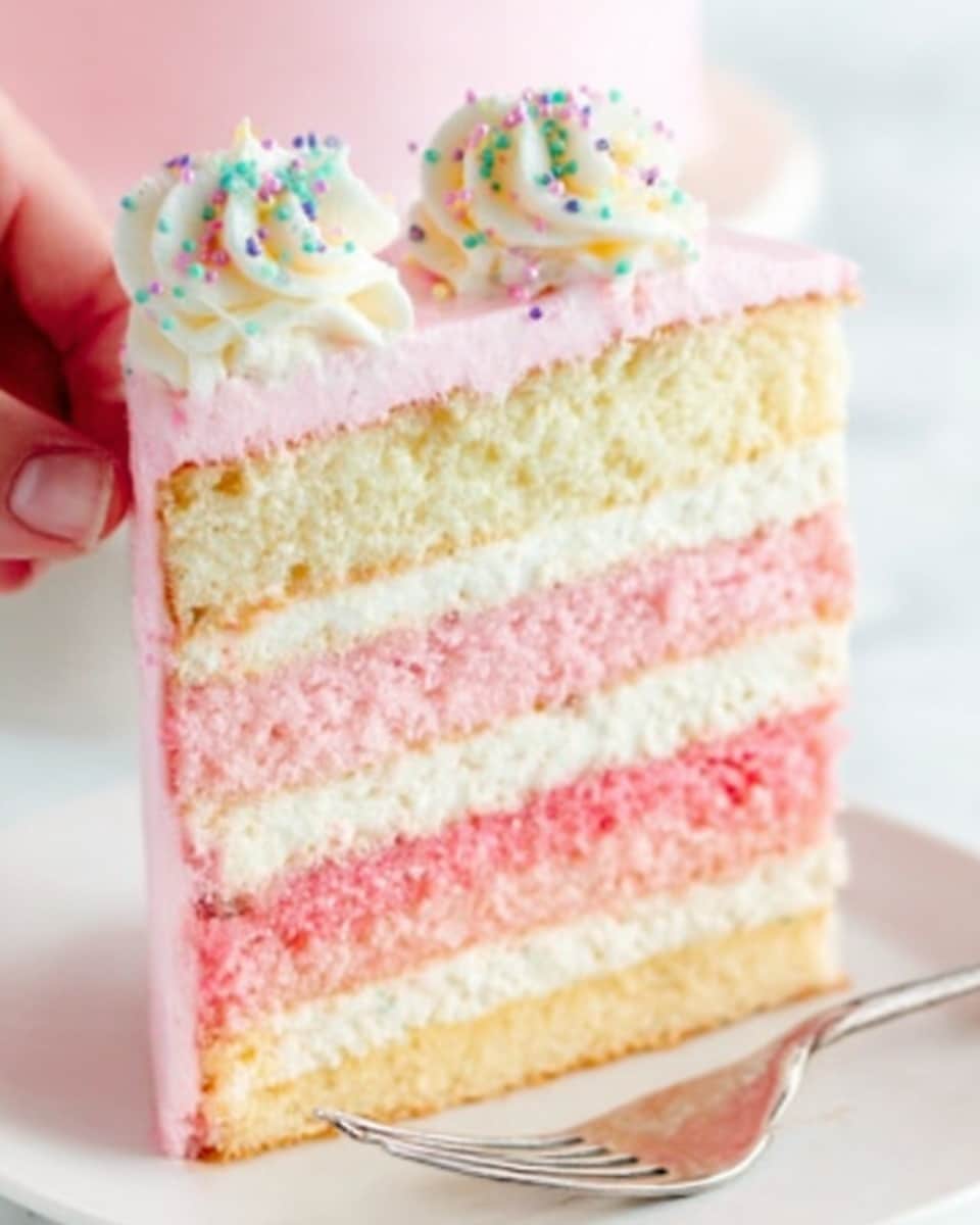 The image shows a slice of a four-layer cake on a white plate. The bottom layer is light pink with a soft, fluffy texture, followed by a cream-colored layer with a slightly spongy look. Above that is another pink layer similar to the bottom one, and the top layer is cream-colored again. The whole cake is covered with smooth white frosting, and the top has light pink icing. There are two small swirls of white cream with colorful round sprinkles on top. A woman's hand is gently holding the top edge of the cake slice. The plate sits on a white marbled surface. Photo taken with an iphone --ar 4:5 --v 7