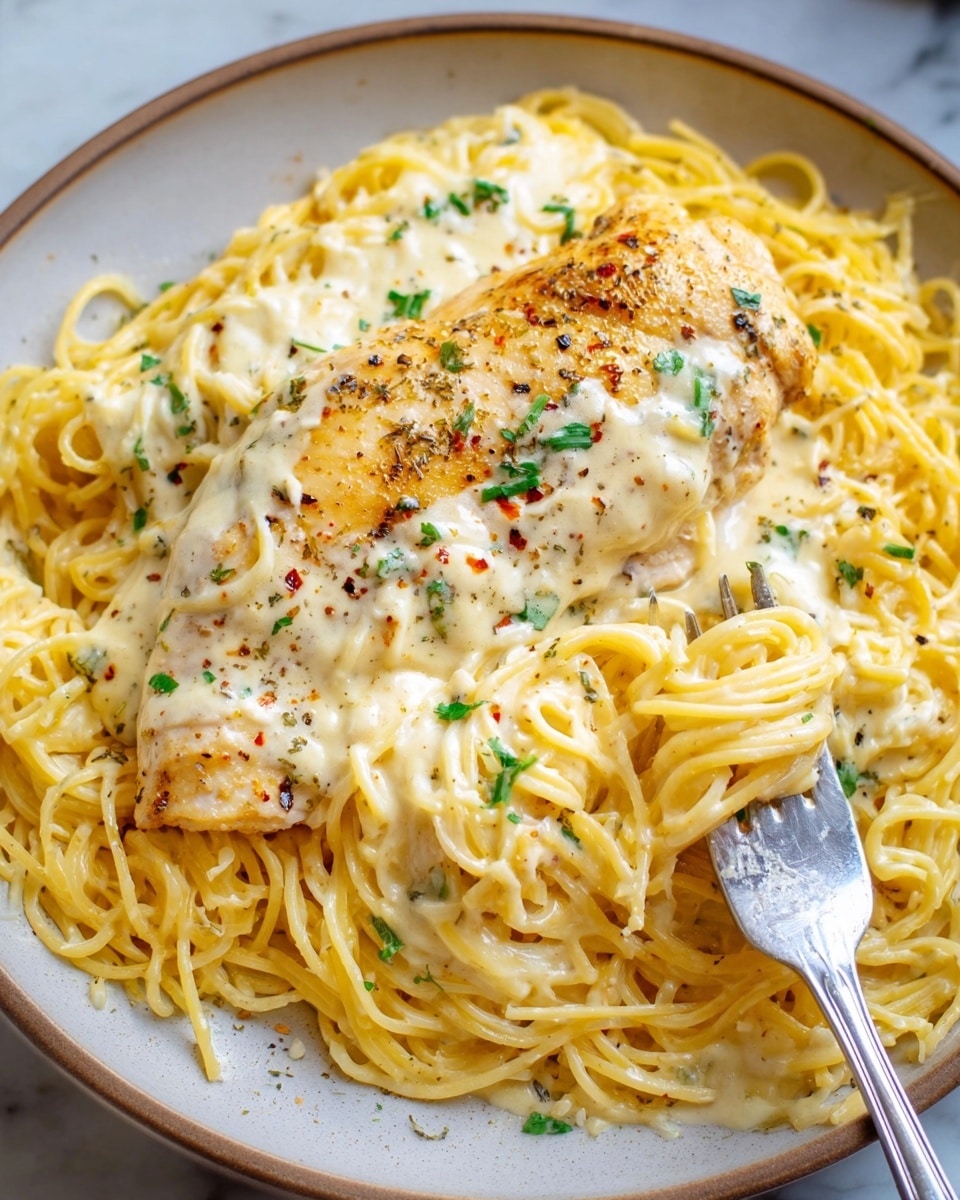 This dish shows one layer of thin yellow pasta spread around a white plate, with creamy white sauce draped over a grilled chicken breast on the right side of the plate. The chicken is light brown with visible grill marks and is covered partly with the sauce, which has specks of black pepper and small green herb pieces sprinkled on top. A fork sits in the pasta on the lower right, wrapped with some noodles. The background is a white marbled texture. Photo taken with an iphone --ar 4:5 --v 7