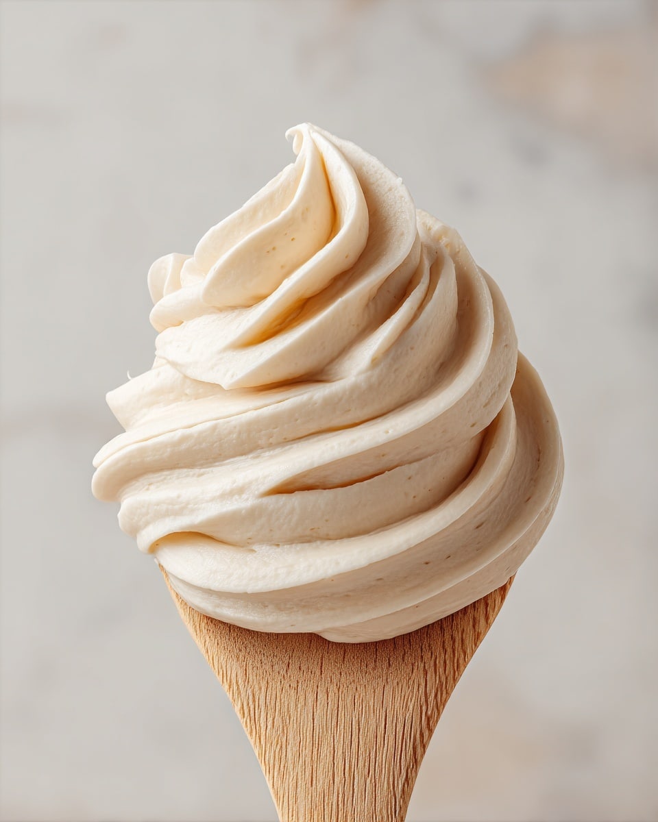 A large swirl of smooth, creamy beige frosting is neatly piped in soft, thick layers on top of a light wooden spatula, showing fine ridges and curves in the frosting’s texture that create a fluffy and rich appearance, with the wooden spatula held upright against a soft white marbled textured background. photo taken with an iphone --ar 4:5 --v 7