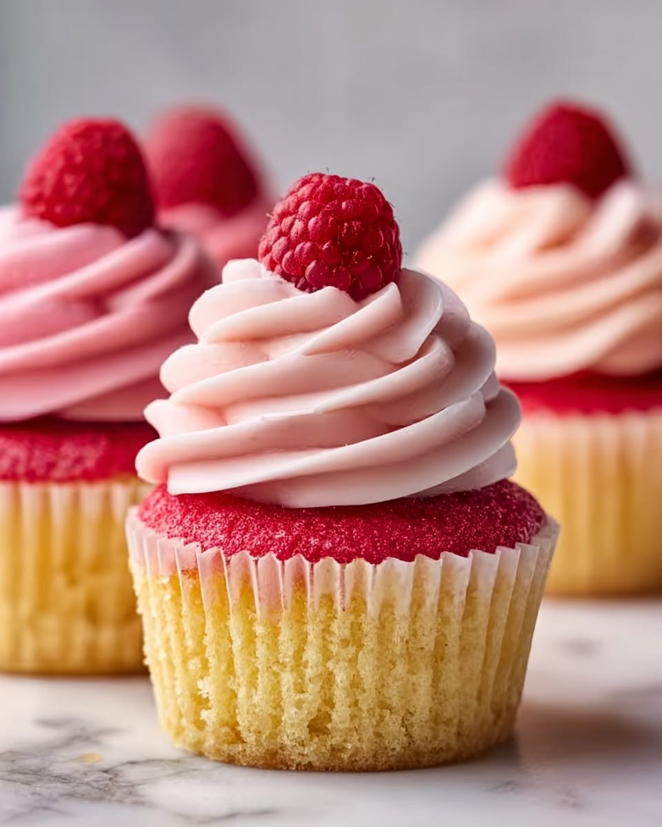 The image shows a cupcake with three clear layers: the bottom layer is light golden yellow sponge in a white cupcake liner, the middle layer is a rich red cake layer on top of the base, and the top layer is a swirl of smooth, light pink frosting with a soft texture. A single fresh, red raspberry with visible small drupelets sits on the very top center of the frosting swirl. The cupcake is placed on a white marbled surface with more cupcakes blurred in the background, showing the same layering and decoration. Photo taken with an iphone --ar 4:5 --v 7