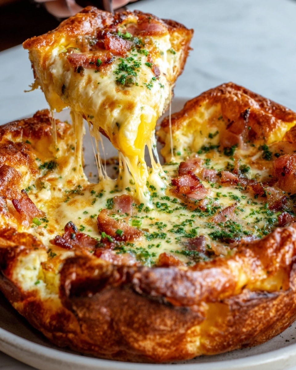 A close-up image shows a golden-brown puffy pastry crust with a slightly crispy texture, filled with a creamy, cheesy egg mixture. The egg layer is a light yellow with soft, melted cheese stretching as a woman's hand lifts a piece, revealing gooey, stringy cheese beneath. On top, scattered bits of crispy bacon and finely chopped green herbs add color contrast. The dish sits on a white plate against a white marbled surface. photo taken with an iphone --ar 4:5 --v 7