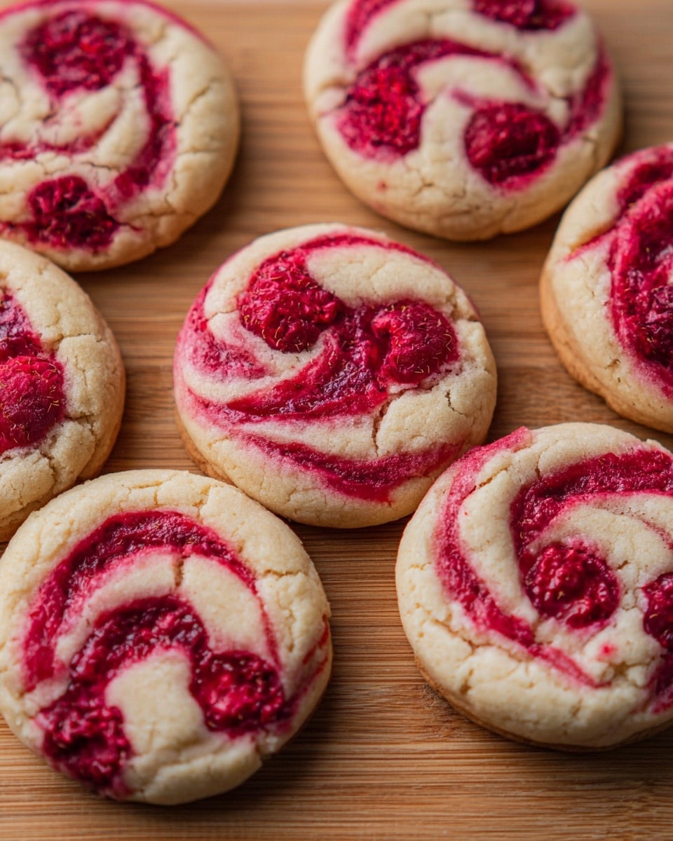 The image shows seven round cookies with a smooth, light beige base layer that looks soft and slightly cracked. Each cookie has a bright red swirl on top, made from a glossy, textured berry sauce mixed with whole raspberries, creating a marbled effect. The swirl blends into the cookie in a spiral pattern, with some areas more saturated in red and others lighter, showing the mixing of berry and dough. The cookies are arranged closely on a wooden cutting board with a warm, natural tone. photo taken with an iphone --ar 4:5 --v 7