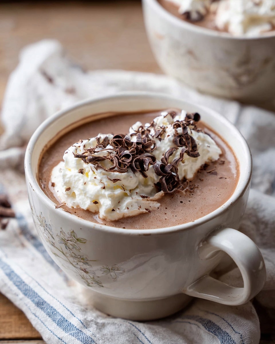 A white cup filled with three layers: the bottom layer is rich milk chocolate hot cocoa, creamy and smooth; the middle layer is a generous dollop of white whipped cream floating on top; the top layer is scattered with small dark chocolate shavings adding texture and contrast; the cup sits on a wooden surface with part of a cream cloth with blue stripes beside it. photo taken with an iphone --ar 4:5 --v 7