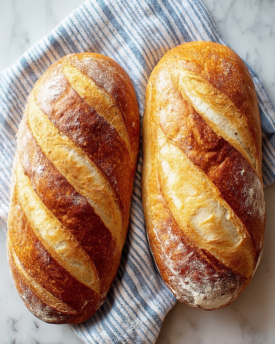 Two golden brown baguettes with crusty, cracked tops showing a light, airy, off-white inside. Each loaf has four diagonal cuts on the top, revealing layers of soft bread inside. They rest side by side on a blue and white checkered cloth, all placed on a white marbled surface. The lighting highlights the shiny crust texture and fine flour dusting. Photo taken with an iphone --ar 4:5 --v 7