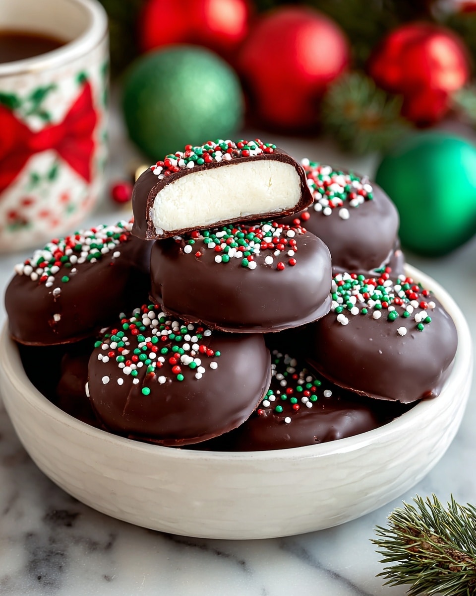 A white bowl filled with several round chocolate-covered treats, each topped with small red, green, and white sprinkles. The treats have a smooth, dark chocolate outer layer with a thick, creamy white filling inside, shown clearly by one piece cut in half and placed on top. The bowl sits on a white marbled surface, with festive red and green blurred decorations in the background, giving a holiday feel. Photo taken with an iphone --ar 4:5 --v 7