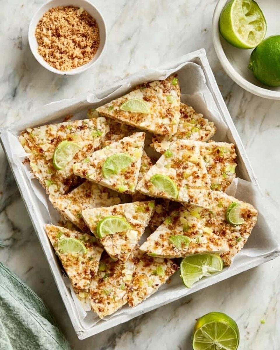 A square metal tray lined with white parchment paper holds several pieces of thin, crispy crackers that are off-white with golden brown toasted bits on top, scattered with small green zest pieces. Bright green lime slices are placed evenly on and around the crackers, adding a fresh pop of color. The tray is set on a white marbled surface, and to the right, there is a white bowl filled with toasted crumbs, partially visible. Photo taken with an iphone --ar 4:5 --v 7