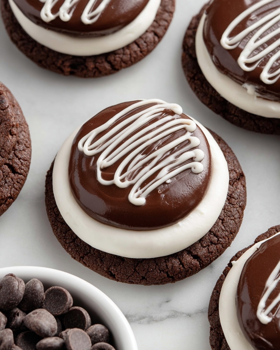 The image shows close-up chocolate cookies with three clear layers; the bottom layer is a thick, soft chocolate cookie with a rough texture, the middle layer is smooth white icing forming a thick ring around the edge, and the top layer is glossy dark chocolate ganache spread evenly across the center, decorated with a white icing swirl pattern in the middle. The cookies are placed on a white marbled surface with small bowls of chocolate chips and white icing nearby. photo taken with an iphone --ar 4:5 --v 7