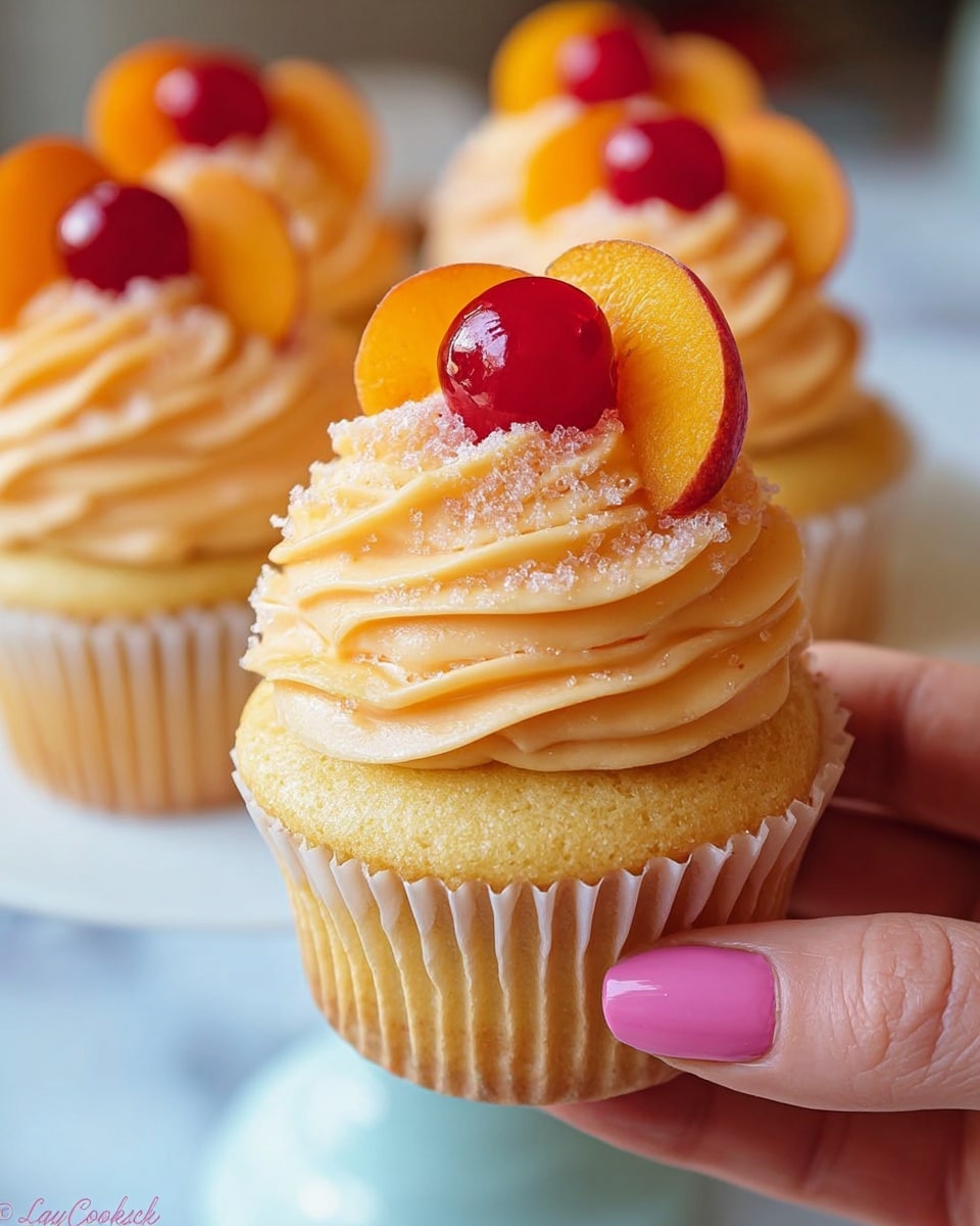 A close-up of a yellow cupcake held by a woman's hand, with a white paper liner. It has one layer of smooth, creamy peach-colored frosting swirled on top, sprinkled lightly with granulated sugar. At the very top, there is a thin, round slice of peach and a small red berry placed side by side as decoration. In the background, four more identical cupcakes are blurred, sitting on a white plate resting on a white marbled surface. photo taken with an iphone --ar 4:5 --v 7