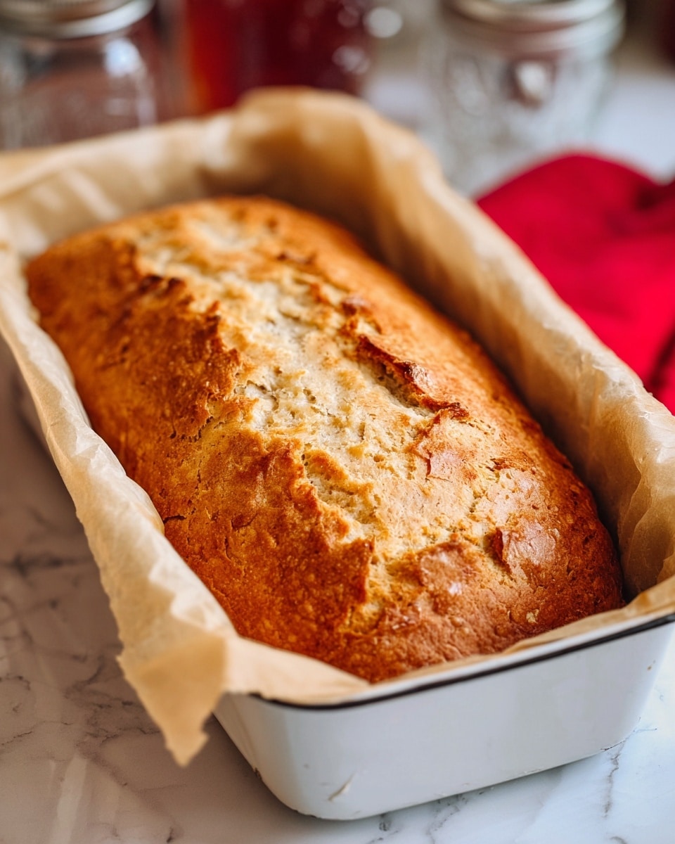 The image shows a freshly baked loaf of bread in a rectangular white baking dish lined with white parchment paper. The top layer of the bread is golden brown and textured with a crispy crust that has small cracks and uneven patches. The inside layer visible under the crust is light beige, soft, and airy with small air pockets. The dish rests on a surface with a white marbled texture, and the background is softly blurred with warm tones. Photo taken with an iphone --ar 4:5 --v 7