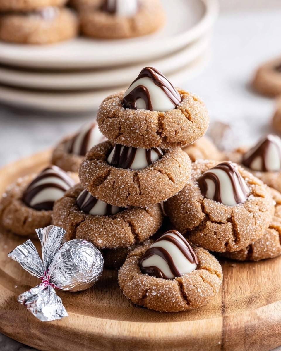 A pile of soft brown cookies covered with coarse sugar crystals is stacked on a light wooden board, each cookie having a single white chocolate piece with dark brown stripes placed in the center, giving a slightly shiny and smooth texture contrast to the rough cookie surface. To the side on the board, there is a wrapped white chocolate with dark brown stripes in silver foil with a small white and blue label on top. In the background, white plates hold more of the same cookies, all set on a white marbled surface. Photo taken with an iphone --ar 4:5 --v 7