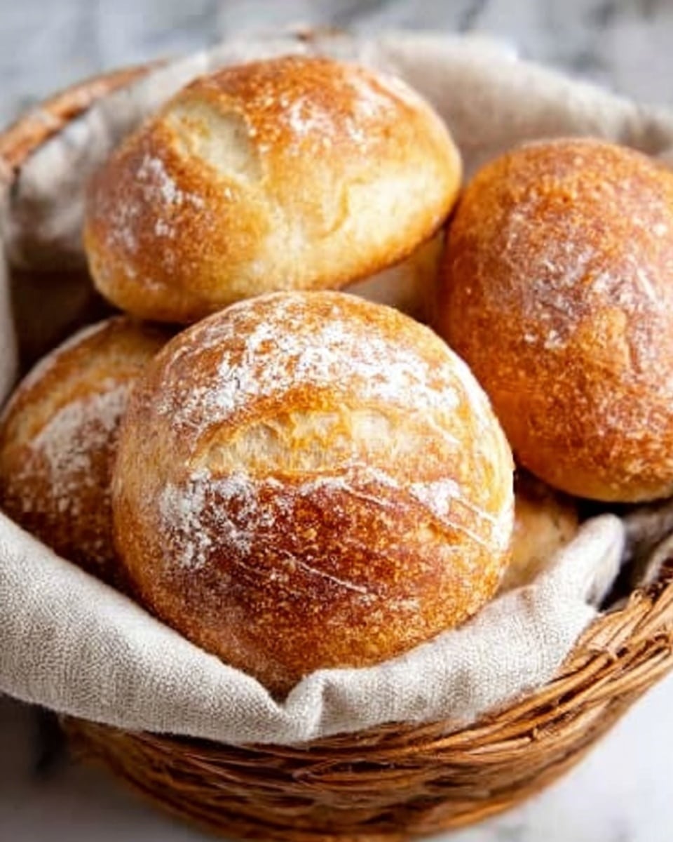 A close-up image of a wicker basket filled with several golden brown bread rolls. The rolls have a slightly cracked surface with a light dusting of flour, showing a crispy crust and soft texture inside. The basket sits on a white marbled surface with a soft cloth napkin partially visible underneath, enhancing the warm and fresh feel of the bread. photo taken with an iphone --ar 4:5 --v 7