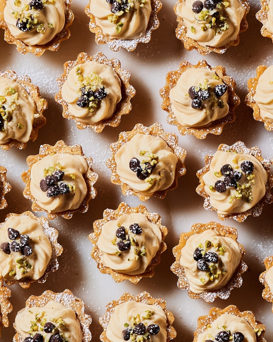 A close-up view of small tartlets arranged closely on a white marbled surface, each tartlet having one main layer of golden, crispy, ruffled pastry shell. Inside each shell is a thick, creamy light beige filling piped in swirled flower-like shapes. Some tartlets are garnished with small dark chocolate chips dusted with powdered sugar, while others are topped with finely chopped green pistachios sprinkled with powdered sugar. A few extra chocolate chips are scattered around the tartlets, adding contrast to the light and warm colors. The overall look is rich and inviting, with a soft shine on the cream and a textured crisp pastry. Photo taken with an iphone --ar 4:5 --v 7