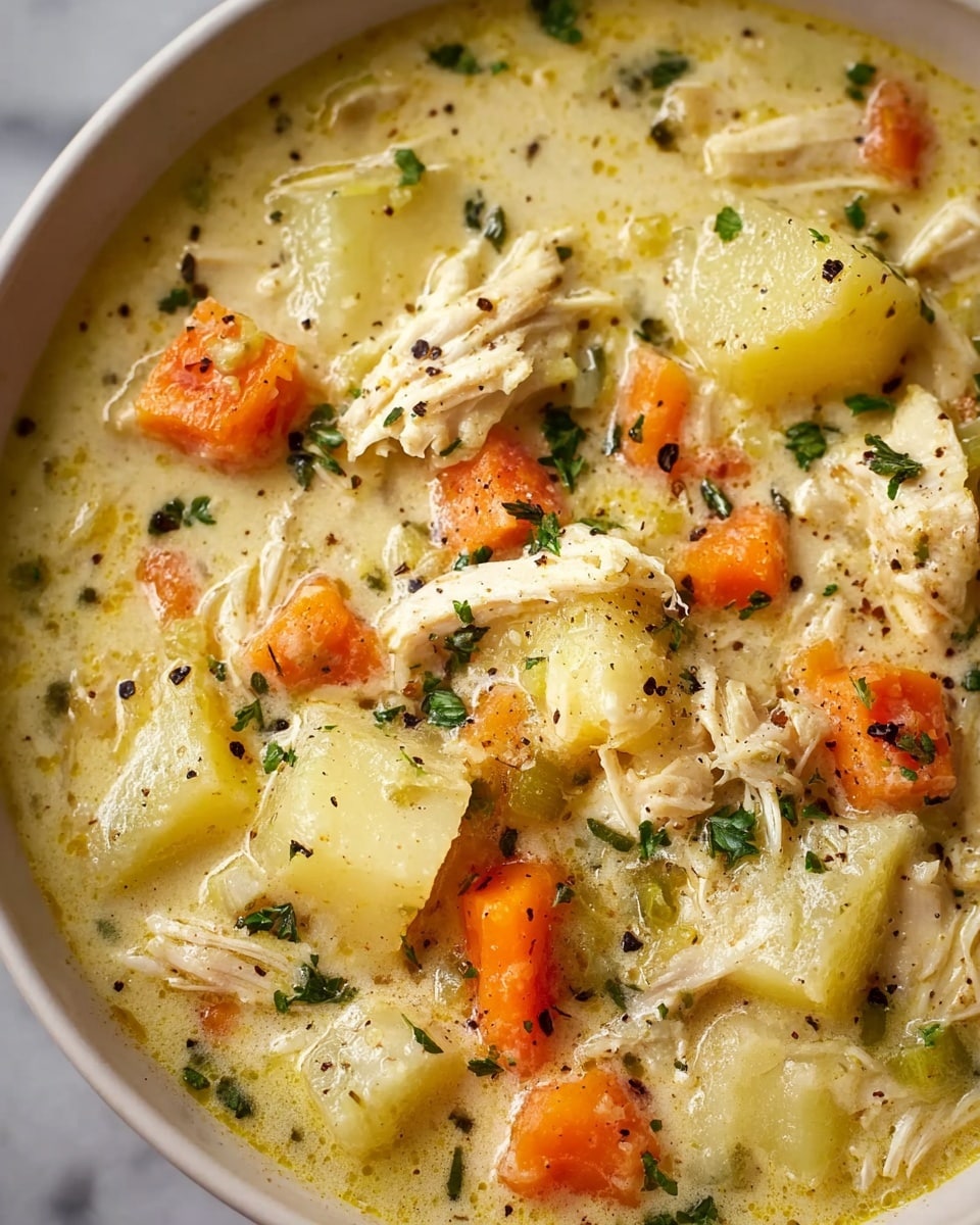 A close-up view of a creamy, thick chicken soup with visible layers showing shredded white chicken, orange carrot chunks, and pale yellow potato pieces, all mixed into a light cream-colored broth. The soup is speckled with small green herb pieces and black pepper, adding texture and color contrast. The ingredients float evenly within the smooth soup base, filling a white bowl. The white marbled texture surface can be seen around the bowl edges. photo taken with an iphone --ar 4:5 --v 7