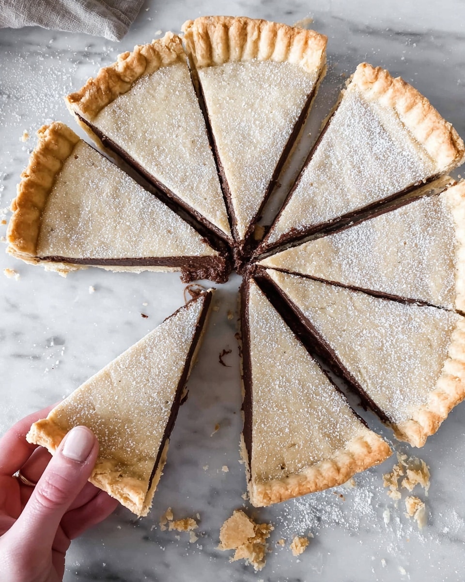 A sliced round pie with a light beige crust and glossy shiny glaze on top is placed on a white marbled surface. The pie is cut into eight triangular slices showing two distinct layers inside: a creamy off-white top layer and a darker brown bottom layer. Crust edges are crimped with fork marks. A woman's hand is holding one slice, showing its thickness, and some crumbs are scattered around the pie. photo taken with an iphone --ar 4:5 --v 7