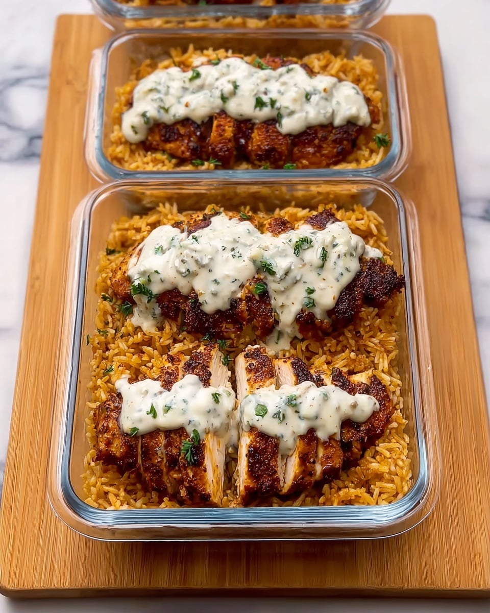 Three clear rectangular glass containers are lined up on a wooden board against a white marbled background. Each container holds a layer of golden-brown rice at the bottom, topped with a piece of well-spiced, dark brown grilled chicken breast. The chicken is generously covered with a creamy white sauce that has small green herb pieces sprinkled on top. The middle chicken piece is sliced into segments while the other two remain whole. Photo taken with an iphone --ar 4:5 --v 7