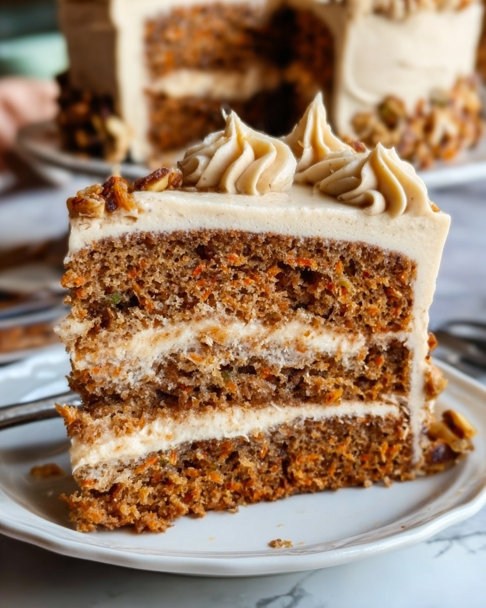 A slice of three-layer carrot cake is shown on a white plate with a slight scalloped edge, placed on a white marbled surface. Each layer of the cake is golden-brown with visible bits of carrot and nuts, with thick, creamy beige frosting spread evenly between the layers and on top. The top layer has decorative swirls of the same frosting, adding texture and height to the slice. In the background, more cake slices are blurred out. Photo taken with an iphone --ar 4:5 --v 7
