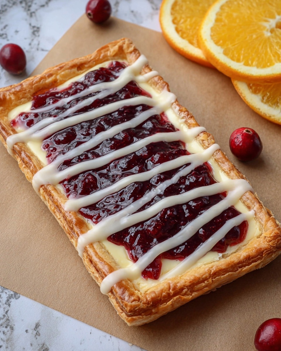 A rectangular puff pastry tart with a golden-brown, flaky crust forms the base layer. Inside the crust is a smooth, creamy white layer that looks like soft cheese or custard, topped with a thick, deep red berry compote that is spread in the center. White icing is drizzled in thin lines across the top of the tart. The tart sits on brown parchment paper, accompanied by a slice of bright orange and two small red cranberries. The background has a white marbled texture. Photo taken with an iphone --ar 4:5 --v 7