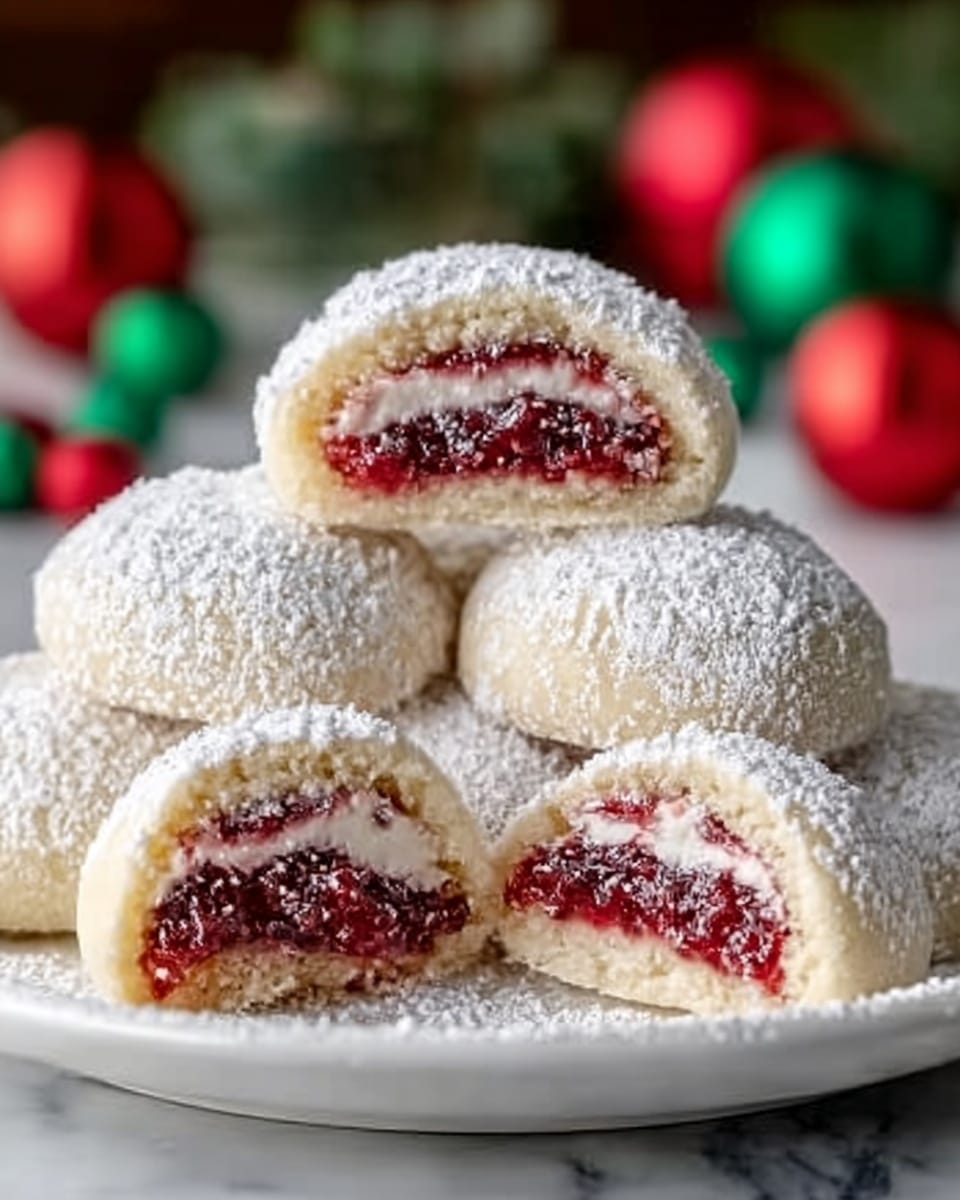 The image shows a white plate stacked with soft round cookies, each dusted with powdered sugar on top. One cookie is cut in half and placed at the front, revealing three layers inside: the outer layer is a light beige, smooth dough; the middle layer is white and creamy; and the innermost layer is a bright red, slightly chunky fruit filling. The plate sits on a white marbled surface, with blurred green and red holiday decorations in the background. photo taken with an iphone --ar 4:5 --v 7