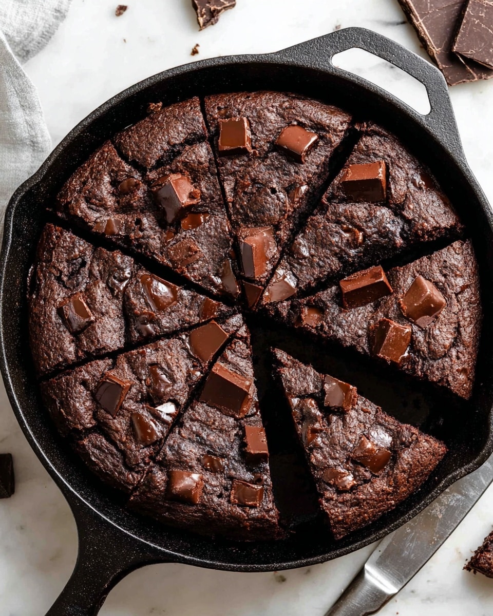 The image shows a dark brown chocolate skillet cookie inside a black cast iron pan. The cookie is cut into eight uneven slices with one piece lifted slightly revealing a moist, soft inner texture with a rich chocolate color. The top layer is dotted with shiny, chunky chocolate pieces scattered mostly on one half, adding texture and a melt-in-the-mouth appeal. The pan rests on a white marbled surface with a few chocolate chunks scattered around and a knife placed beside the pan, the cookie looks warm and freshly baked. Photo taken with an iphone --ar 4:5 --v 7