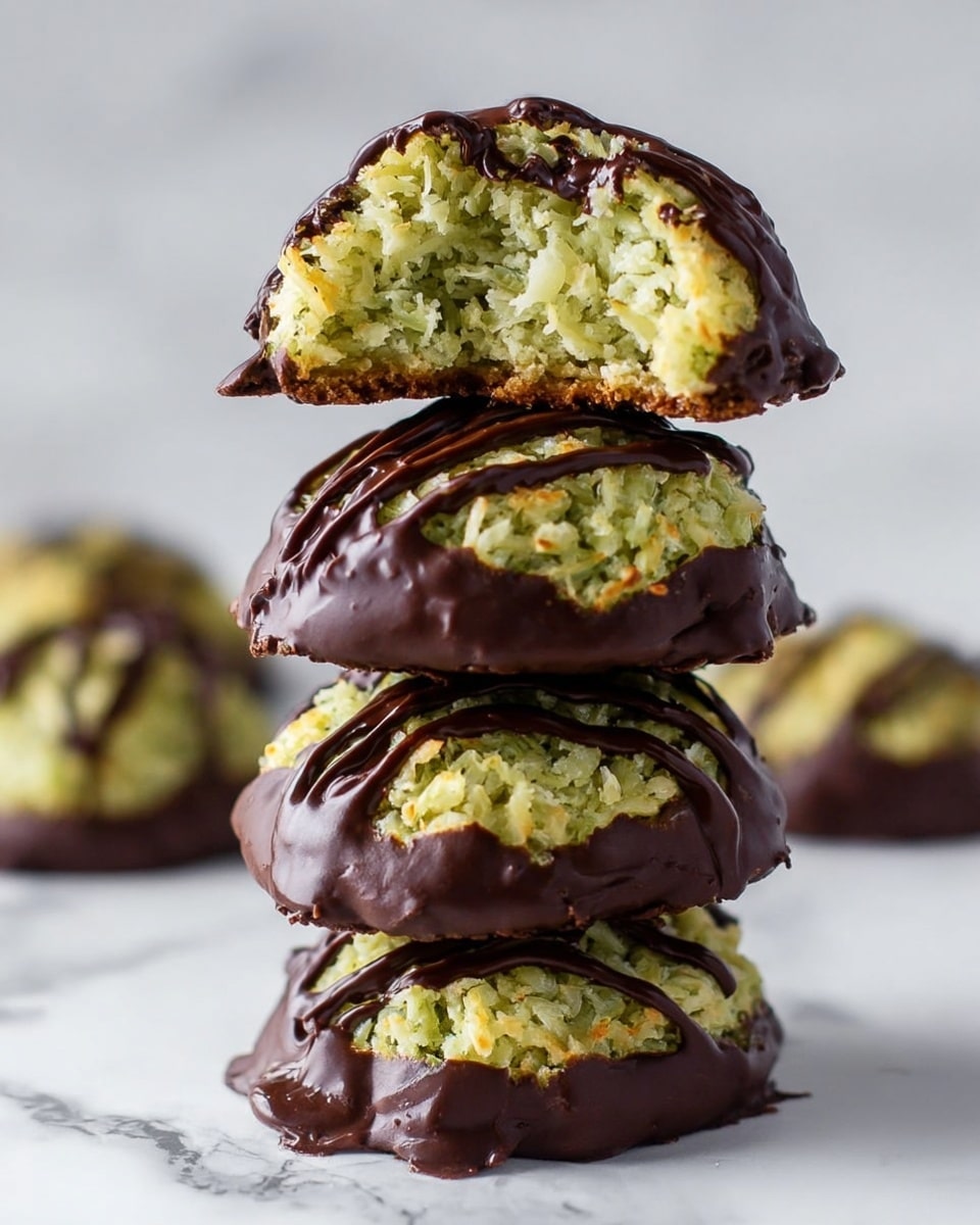 A stack of four dome-shaped cookies stands on a white marbled surface, each cookie showing three clear layers: a thick dark brown chocolate base, a textured greenish-yellow middle layer of shredded coconut, and a dark chocolate drizzle across the top. The top cookie is cut in half, revealing the moist, shredded interior of the coconut layer that is packed tightly and slightly yellowish-green. The close-up view highlights the rough texture of the shredded coconut contrasting with the smooth, glossy chocolate. In the background, there is a blurred single cookie on the white marbled surface. Photo taken with an iphone --ar 4:5 --v 7