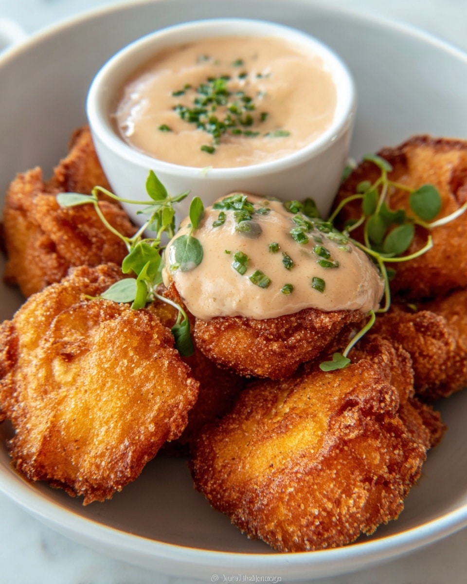 A white bowl filled with several golden-brown, crispy fried fritters that have a rough and crunchy texture. On top of the fritters is a dollop of creamy, light beige sauce with small herb pieces, garnished with fresh green herbs. Next to the fritters in the bowl is a small white cup filled with the same sauce. The bowl sits on a white marbled surface. Photo taken with an iphone --ar 4:5 --v 7