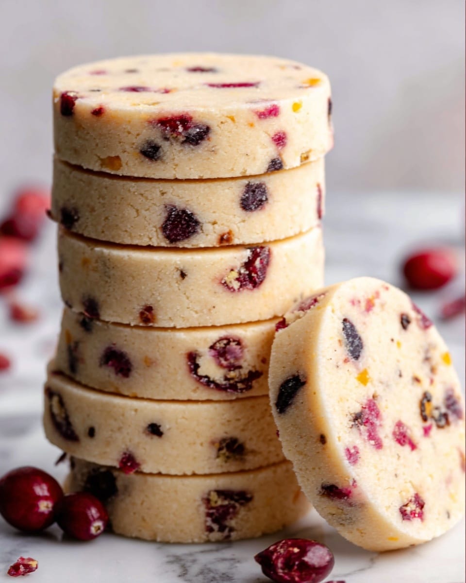 A stack of six round shortbread cookies with visible red cranberries and small dark bits spread evenly throughout each cookie. The cookies have a light beige color with a slightly crumbly texture. One cookie leans against the stack on the right side, showing its full round shape and the same cranberry pattern. The scene has a few whole cranberries around the base, and the background is a white marbled surface. Photo taken with an iphone --ar 4:5 --v 7