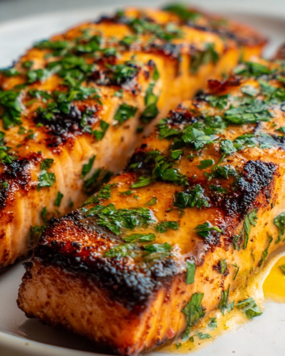 The image shows a close-up of two thick pieces of grilled salmon placed side by side on a white plate with a white marbled background. Each piece of salmon has a golden-brown, slightly charred, crispy outer layer with bright green chopped herbs sprinkled generously on top. The texture of the salmon appears moist and flaky, with a shiny glaze that gives off a fresh, slightly oily look. The colors range from the deep orange-pink of the salmon flesh to the bright green of the herbs, with charred darkened spots adding contrast. Photo taken with an iphone --ar 4:5 --v 7