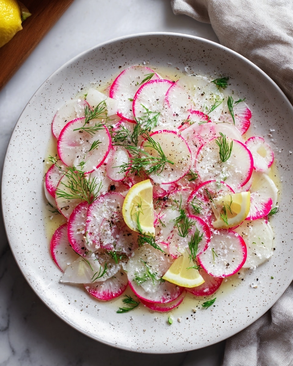 A white speckled plate holds a thin layer of round, translucent radish slices with bright pink edges covering the bottom. Scattered on top are small lemon wedges, adding a bright yellow contrast. Fresh green dill sprigs are spread evenly, along with coarse white salt crystals and ground black pepper sprinkled across the dish, giving it a textured look. The plate rests on a white marbled surface with a neutral cloth partly visible. Photo taken with an iphone --ar 4:5 --v 7