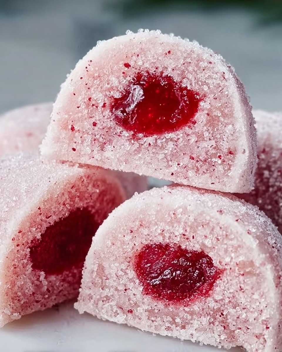 The image shows a stack of round sweets cut in halves, revealing three layers. The outer layer is light pink with a grainy, sugar-coated texture. Inside, two visible inner spots of bright red jelly-like filling are embedded, one near the center and one closer to the edge. The sweets have a soft, crumbly look and are placed close together on a flat white marbled surface. Photo taken with an iphone --ar 4:5 --v 7