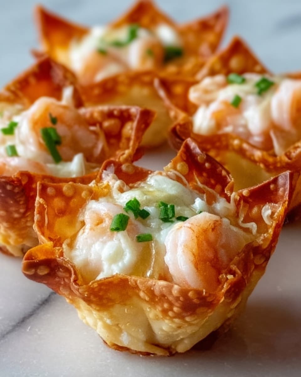 The image shows a close-up of four golden, crispy wonton cups filled with creamy white mixture mixed with small pink shrimp pieces. Each cup is garnished with small chopped green herbs on top. The wonton cups have a slightly shiny, textured surface, and the filling looks smooth and soft. The cups sit on a white marbled surface, and the image focuses closely on the vibrant colors and delicate details of the dish. photo taken with an iphone --ar 4:5 --v 7