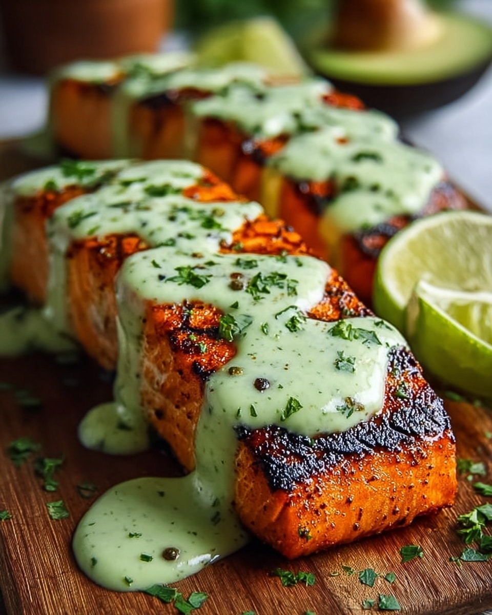 Two thick pieces of grilled salmon fillets sit side by side on a brown wooden board. Each fillet has a crispy, charred orange-brown crust on the top layer with visible black grill marks. A smooth, pale green sauce with small dark flecks is drizzled in thick lines over each fillet, slightly dripping down the sides. Fresh chopped green herbs are sprinkled over the sauce. To the right are two bright green lime halves with a juicy, slightly translucent texture. In the blurred background, a cut avocado is visible. The entire scene is set on a white marbled surface. photo taken with an iphone --ar 4:5 --v 7